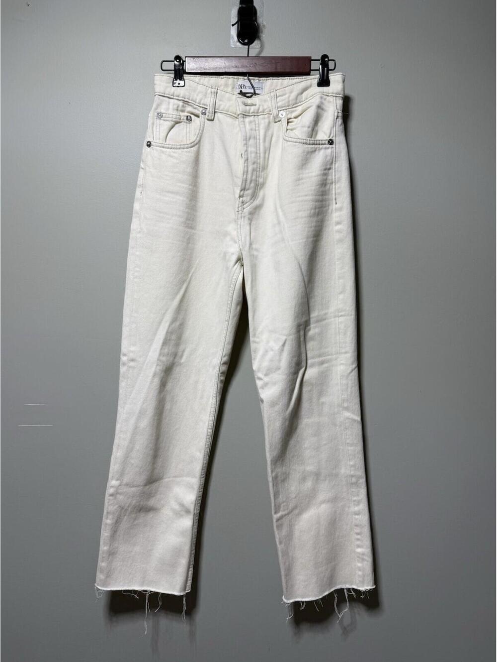 Zara High Rise Straight Leg Jeans Ecru Off White Raw Hem Cutoff 4 Boho Spring